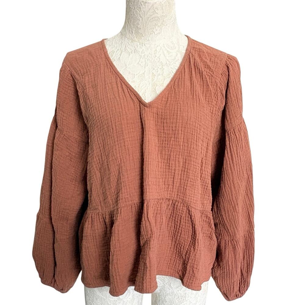 Altar'd State Terracotta Cotton Gauze Peplum Blouse V-Neck Large Boho Prairie
